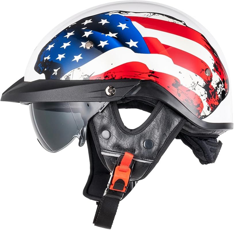 Adjustable Retro Cruiser Half Helmet with Open Face, Sun Visor, and Quick Release Buckle