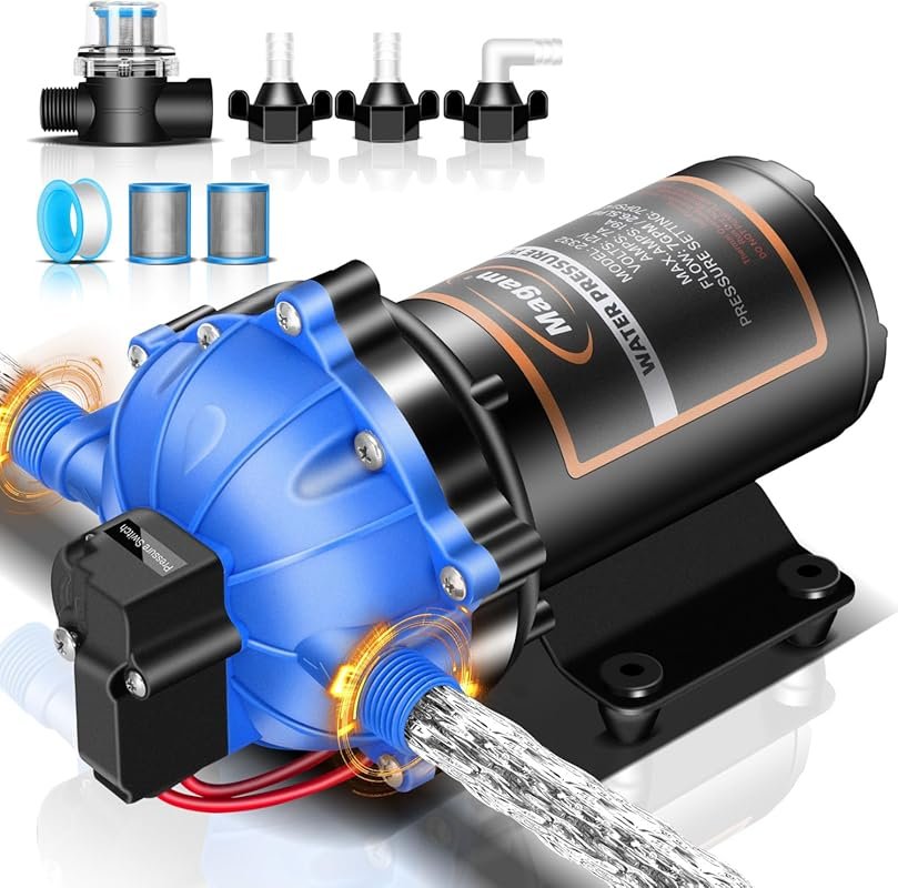 12 Volt RV Fresh Water Pump: 7GPM 70PSI, Self-Priming Five-Chamber Dia