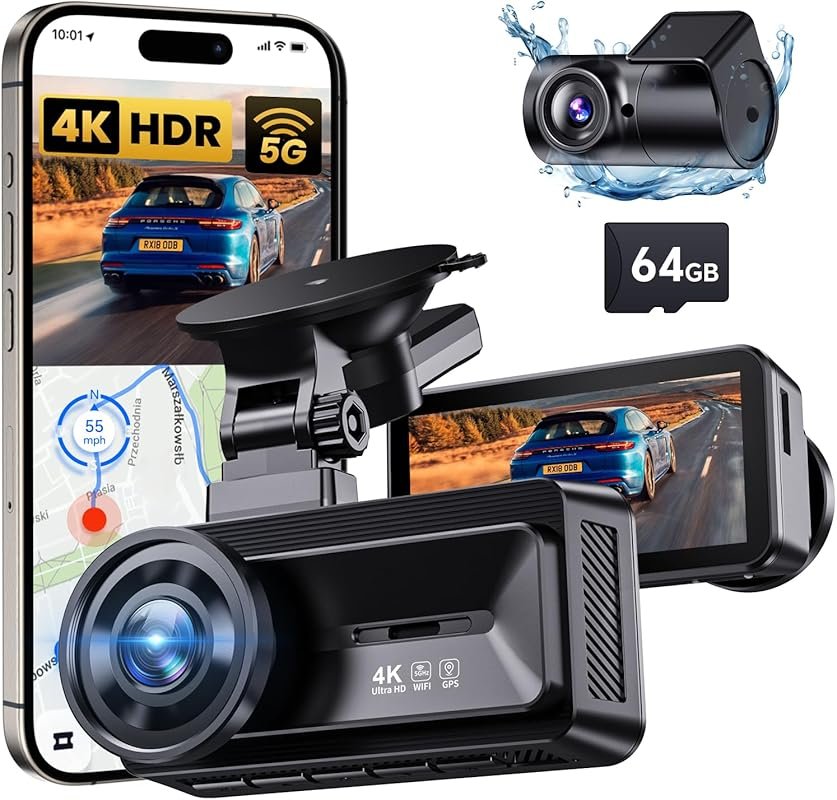 4K Front and 1080P Rear Dash Cam with WiFi, GPS, 3-inch Screen, Night 