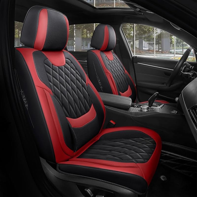 FREESOO Full Set Black Red Car Seat Covers with Lumbar Support and Wat