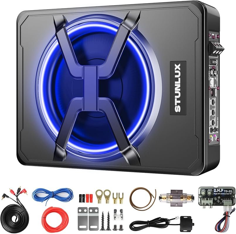 800W Slim Under Seat Powered Car Subwoofer Kit with Colorful LED Light