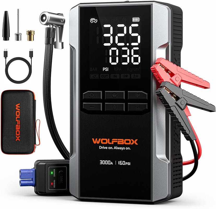 WOLFBOX 3000A Jump Starter and Air Compressor with 160 PSI for Car Bat