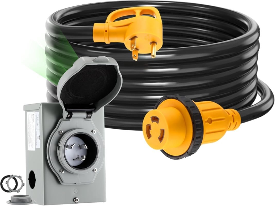 15-Foot 30 Amp RV Generator Cord and Pre-Drilled Power Inlet Box with 