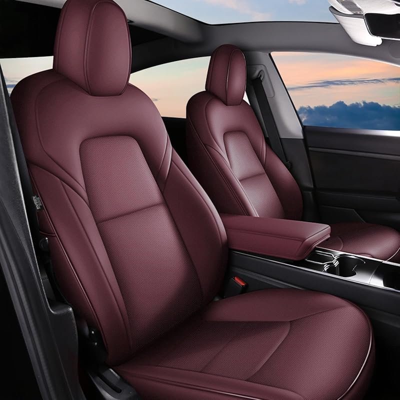 Tesla Model Y Seat Covers Full Set, Wine Red Faux Leather, 2020–2025