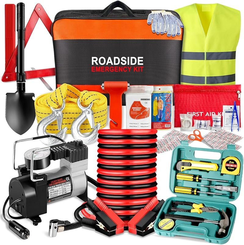 Winter Car Emergency Kit with Air Compressor, Jumper Cables, Shovel, B