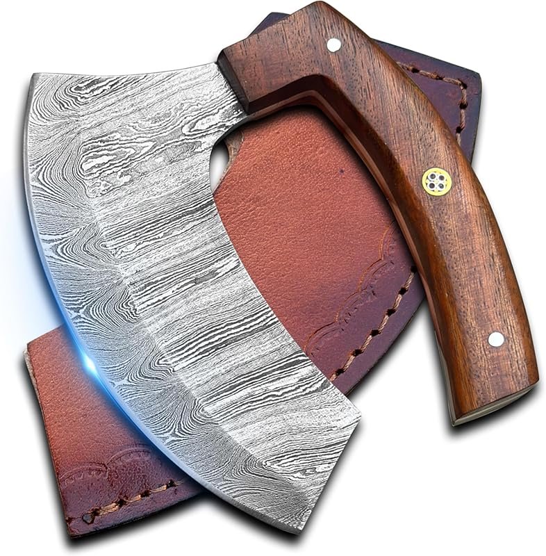 Alaskan Ulu Knife with Sheath: Handmade Damascus Steel Rocker Knife fo