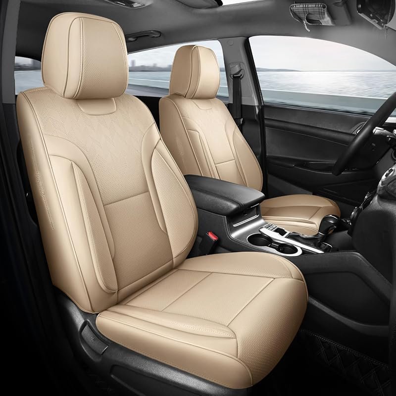 Beige Faux Leather Front Car Seat Covers for Universal Fit in Sedans,