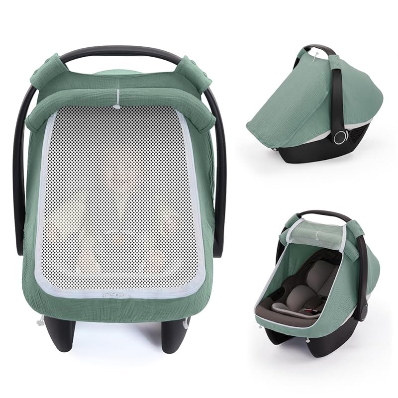 Breathable Muslin Cotton Infant Car Seat Cover with an Extra Large Mes