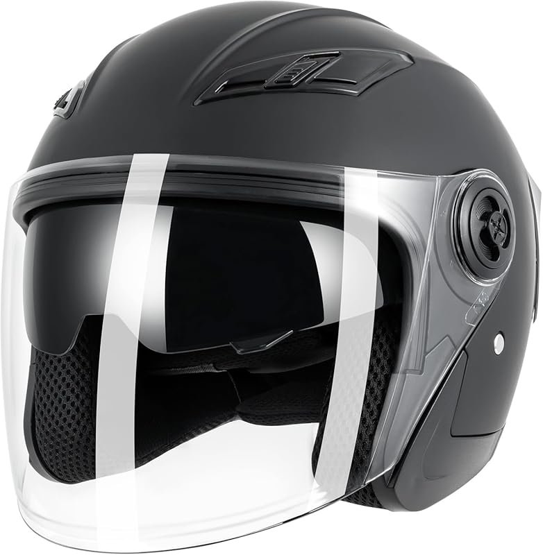 An Open Face Motorcycle Helmet for Adults with a Double Visor System