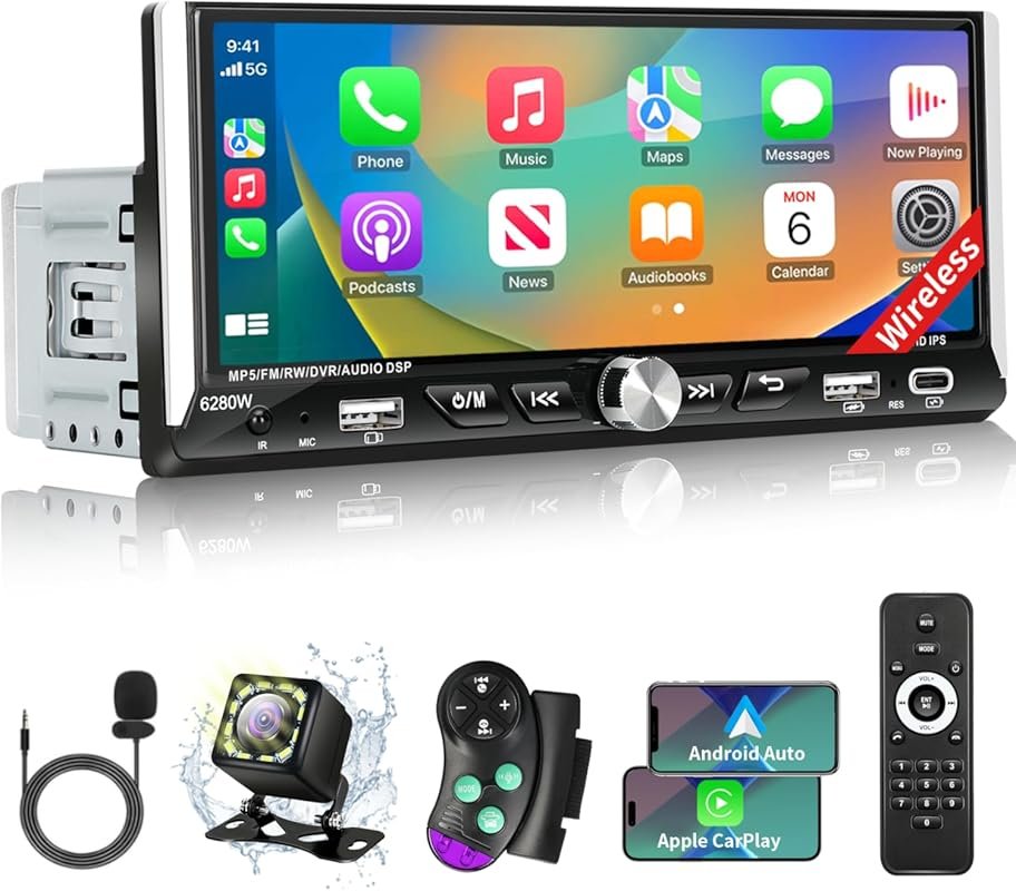 Single Din Car Stereo with 6.9-Inch Touchscreen, Wireless Apple CarPla