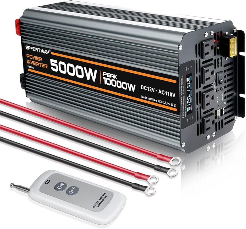 5000W Power Inverter with LCD Display, Wireless Remote, and 4 AC Outle