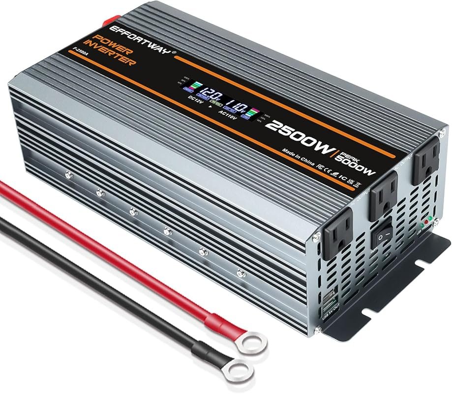 2500W Power Inverter 12V DC to AC with LCD Display 3 Outlets and USB f