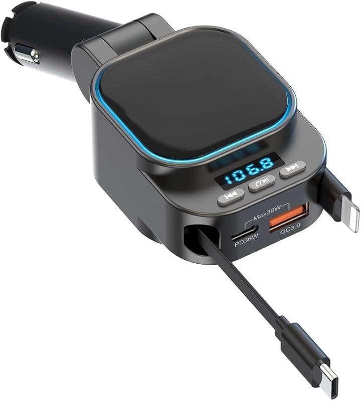 Retractable 96W Car Charger with Bluetooth 5.3 FM Transmitter for High
