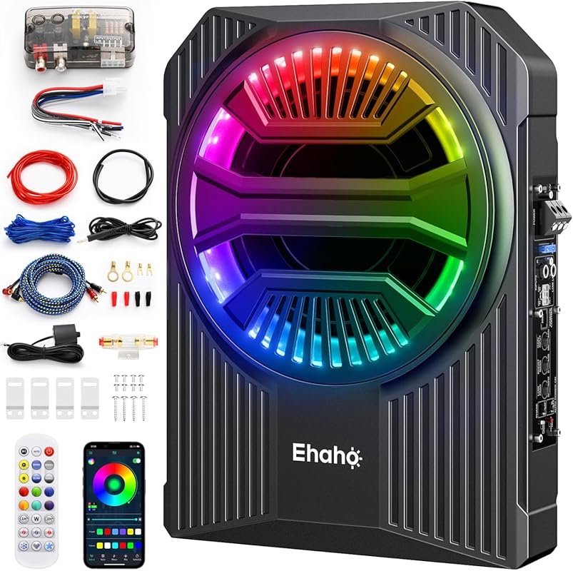 Ehaho 10-inch Slim Under Seat Car Subwoofer with Amplifier, RGB LED Li