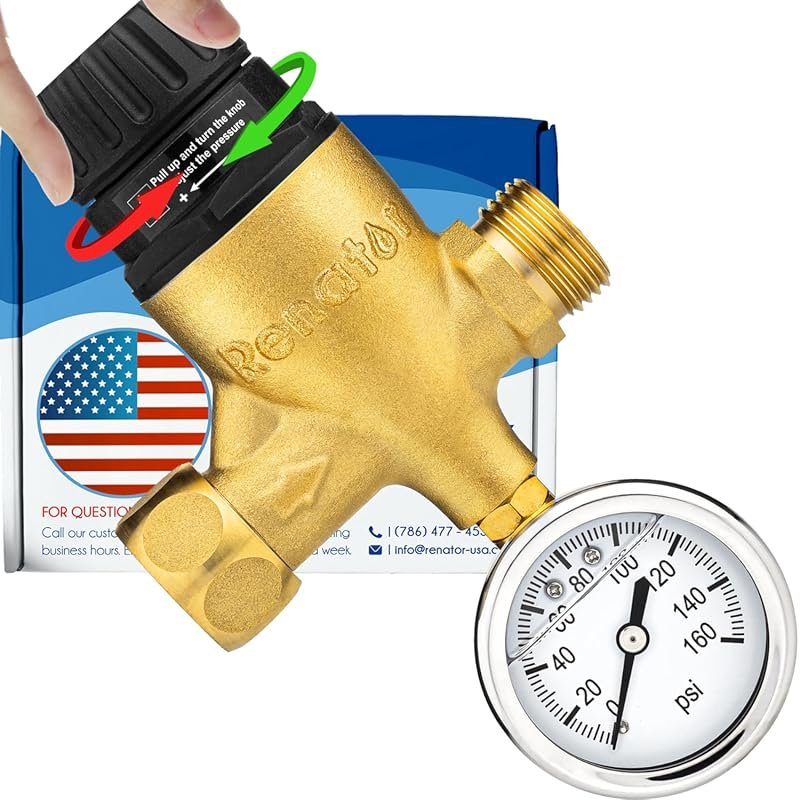 Adjustable Lead-Free Brass RV Water Pressure Regulator with Gauge and