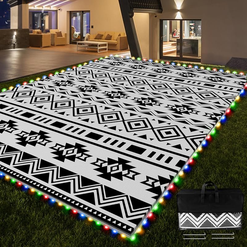 RV Outdoor Rug with Lights for Campers, 8x10 Foot Waterproof Reversibl