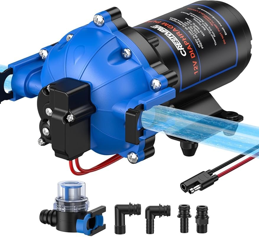 CrestWave 12V RV Water Pump with 7 GPM Flow, 70 PSI, and Quick Connect