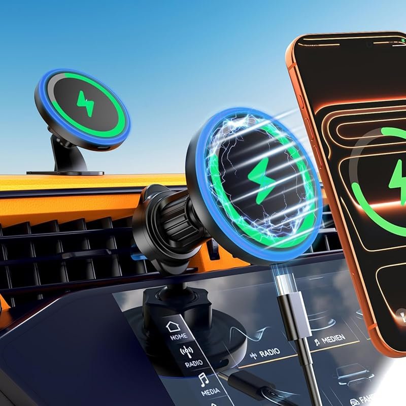 MagSafe Car Mount Charger with LED RGB, 3-in-1 Wireless Fast Charging 