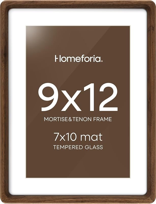 Homeforia 9x12 Walnut Picture Frame with Mat for 7x10 Art, Tempered Gl