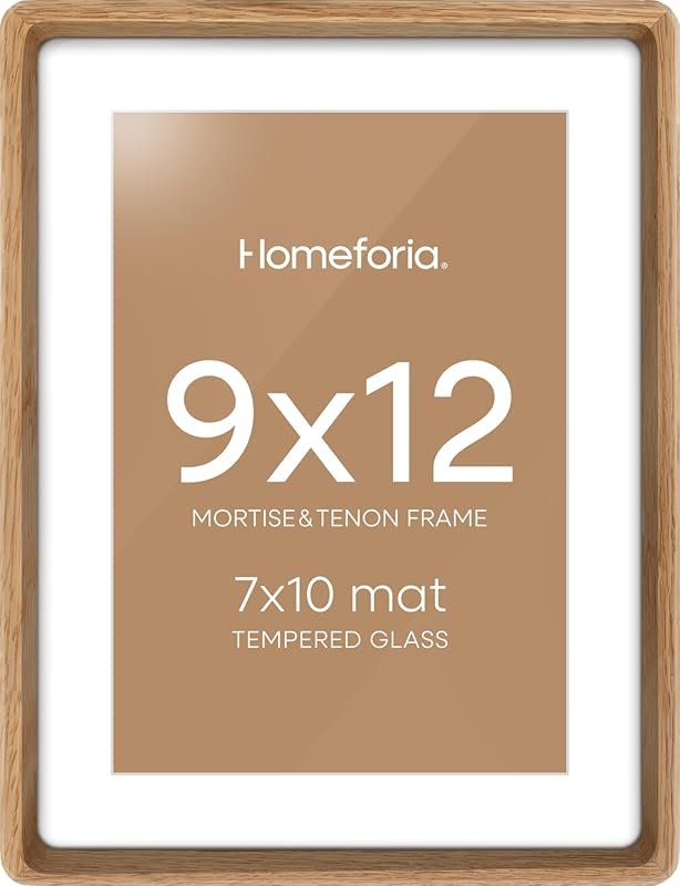 Homeforia 9x12 Natural Oak Picture Frame with Mat for 7x10 Art, Tempered