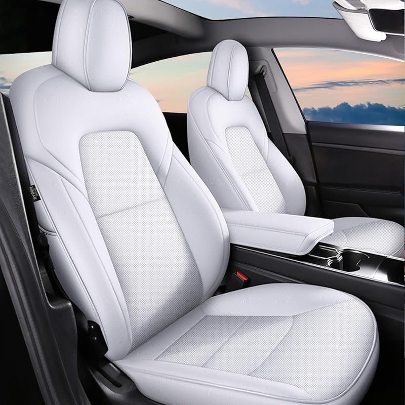 Tesla Model Y Seat Covers Full Set, Custom Fit, White Faux Leather, 20