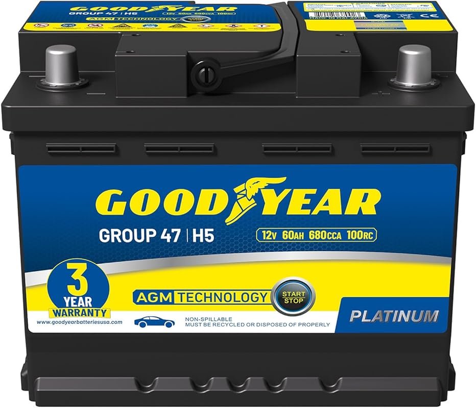 Goodyear Platinum AGM Car Battery Size 47 H5 with 680 CCA Maintenance-