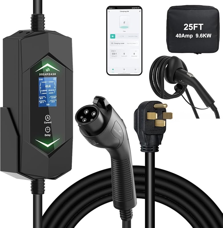 Level 2 EV Charger with 40Amp output, 25ft ETL-listed cable, and adjus