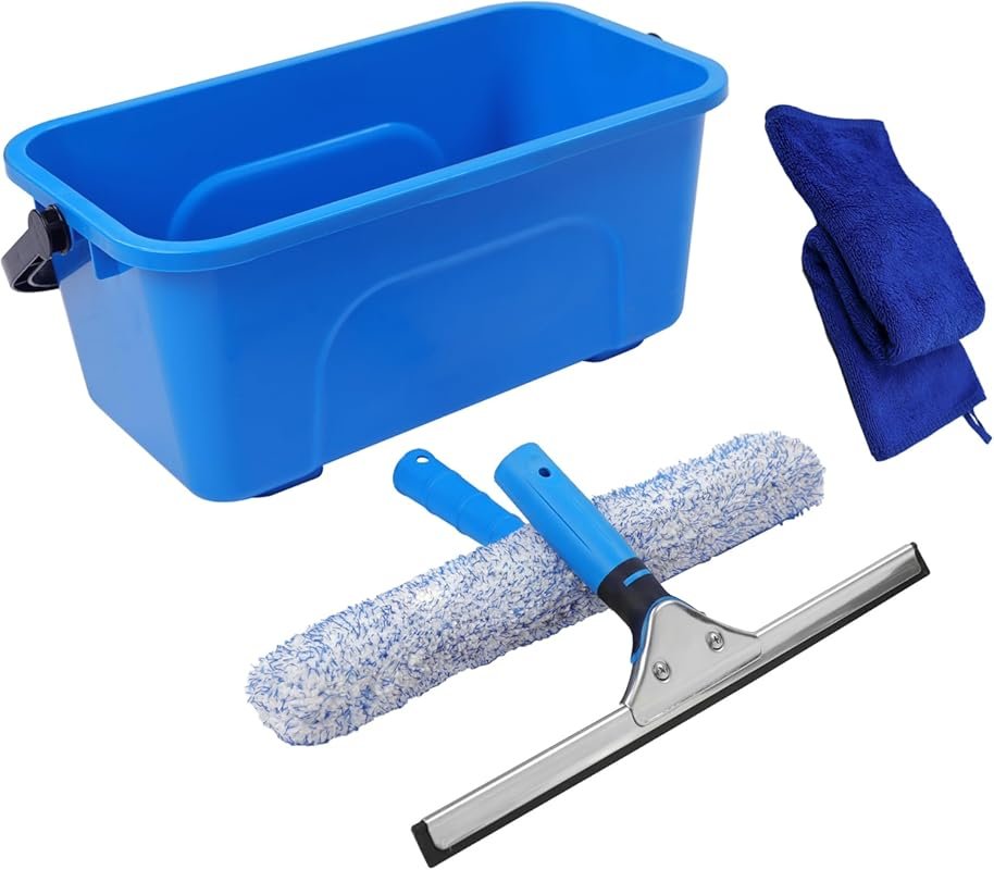 Window Squeegee Kit with Bucket and Microfiber Scrubber for Home and C