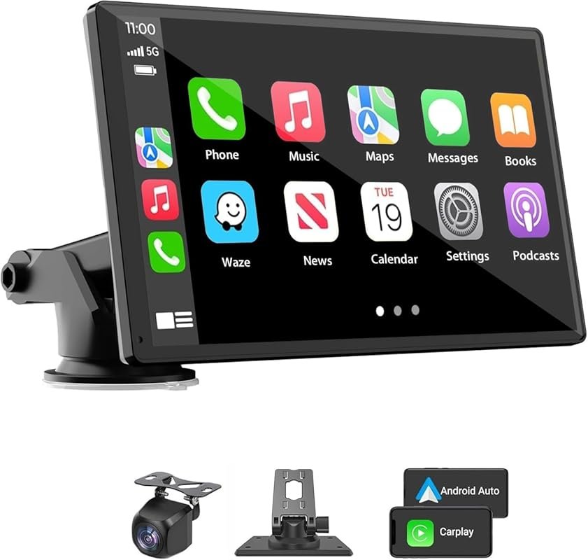 Portable 7-inch wireless CarPlay car stereo with Apple CarPlay, Androi