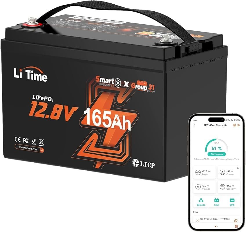 LiTime 12V 165Ah Group 31 LiFePO4 Battery with Bluetooth and 2112Wh En