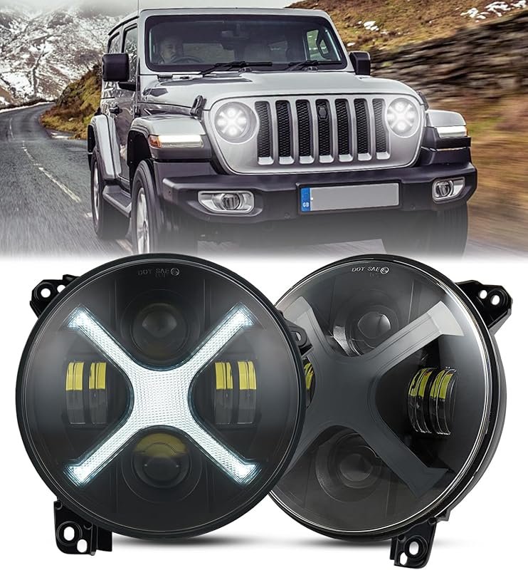 9-Inch Headlights with X-Style DRL and Amber Turn Signal for Jeep Wran