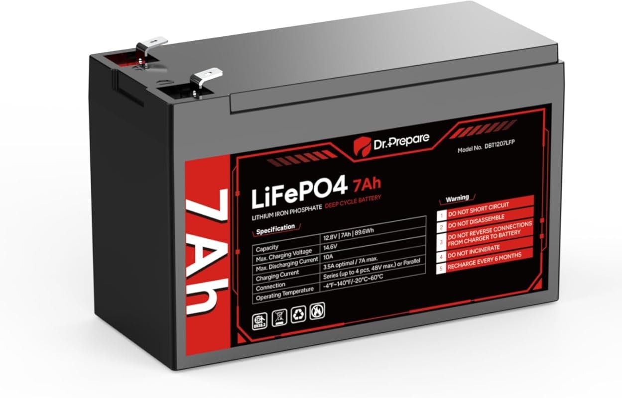 DR.PREPARE 12V 7Ah LiFePO4 Battery with 7A BMS for Deep Cycle Use