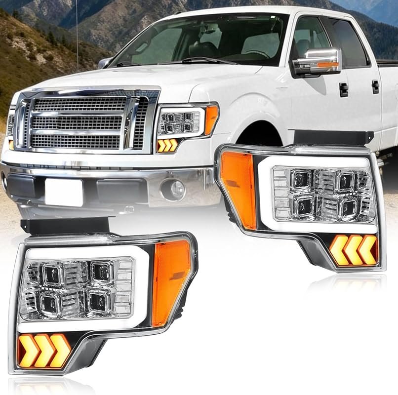 LED DRL Headlight Assembly Kit for 2009-2014 Ford F-150 with Chrome Ho