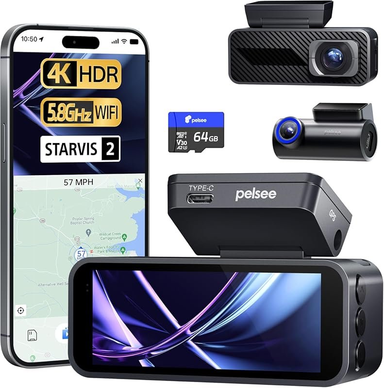 Pelsee P1 Pro 4K Dash Cam Front and Rear, STARVIS 2 Sensor, 64GB Card,