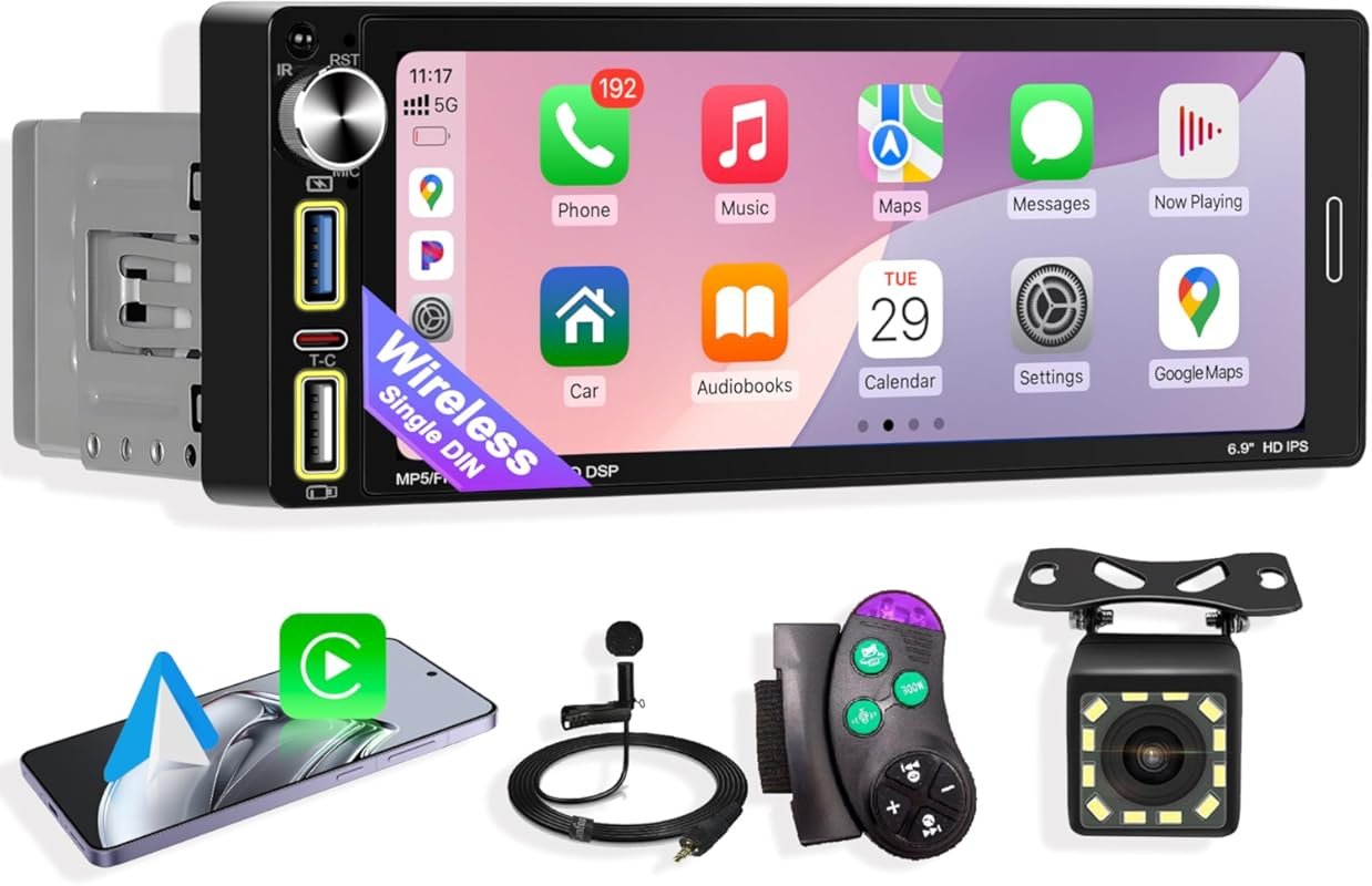Single Din Car Stereo with Wireless Apple CarPlay and Android Auto for
