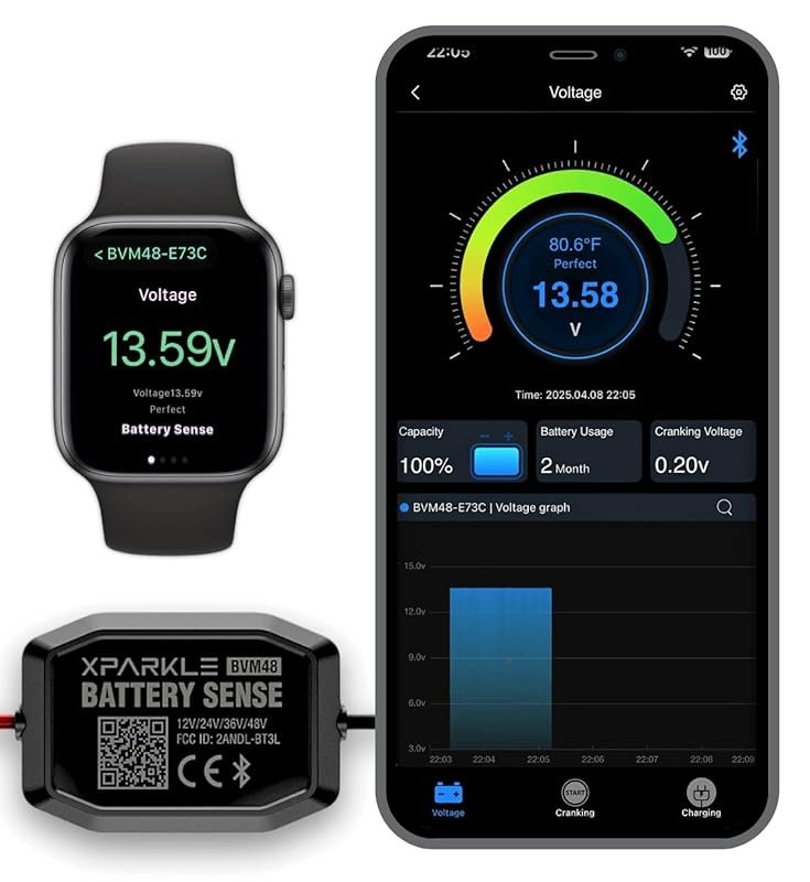 Bluetooth Battery Monitor for 12V to 48V RVs with Charging, Cranking T