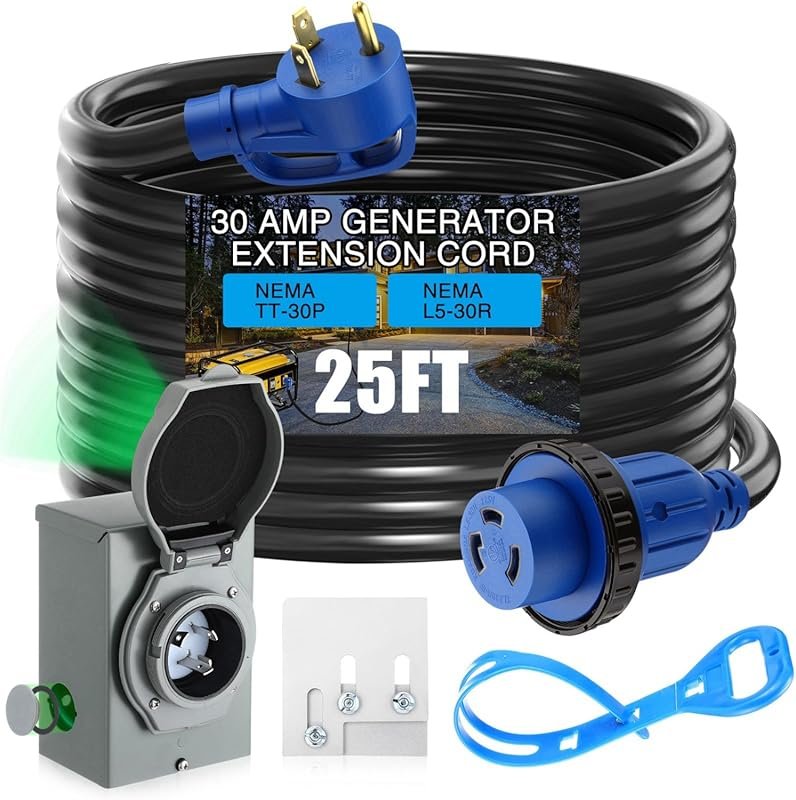 Xuhal 25-Foot 30 Amp Generator Extension Cord and Inlet Box with Gener