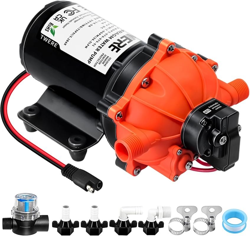 12V Diaphragm Water Pump with 7.0GPM 75PSI, Self-Priming Five-Chamber 