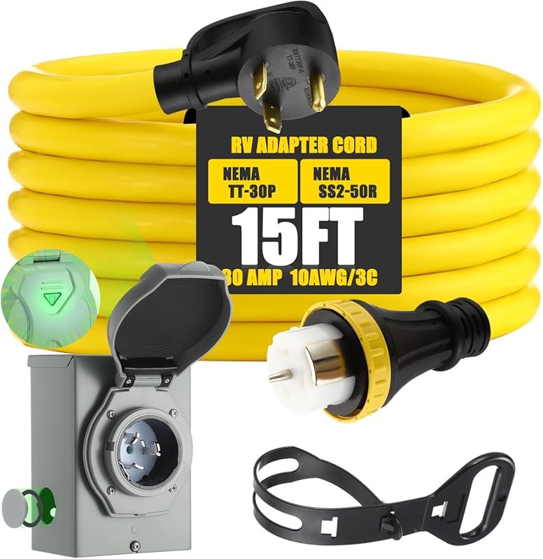 15 ft 30 Amp to 50 Amp RV Generator Adapter Cord with Locking Pre-Dril