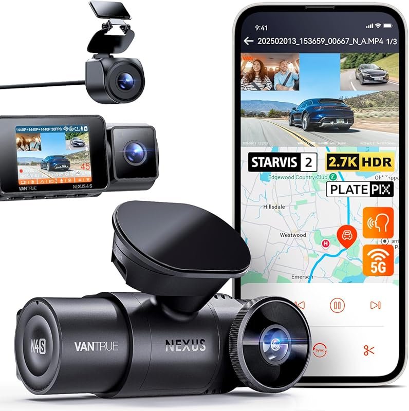 Vantrue 3-channel dash cam with 2.7K+1440P, night vision, voice contro