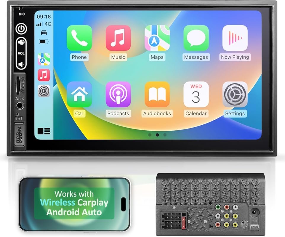 Double DIN Car Stereo with Wireless Apple CarPlay and Android Auto, 7-