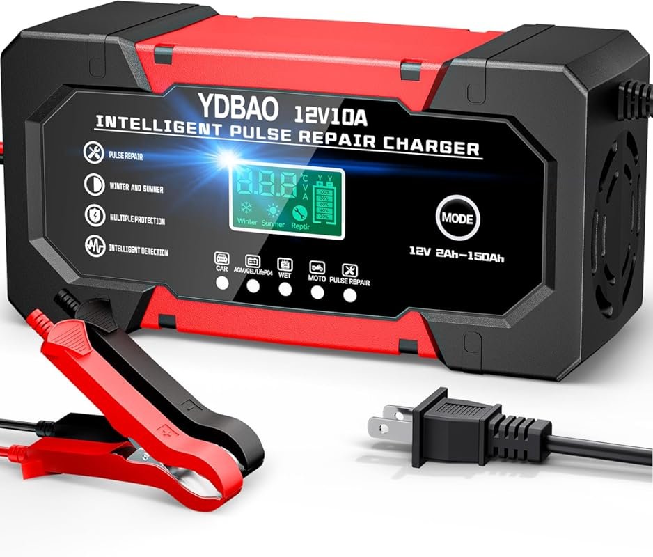 10A 12V Smart Car Battery Charger with LCD Display for Motorcycle and 