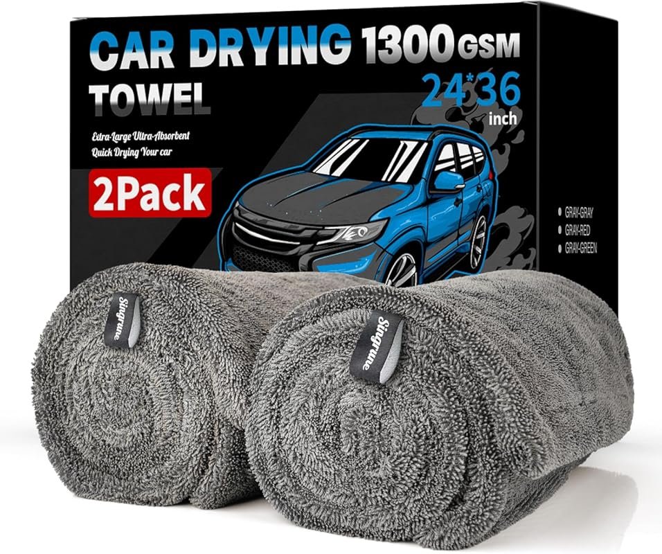 2-Pack XL 1300GSM Car Drying Towel: 24x36 Inch Twisted Loop, Lint and 