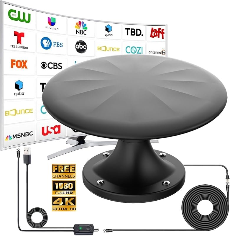 Roof mounted RV TV antenna with omnidirectional reception, signal boos