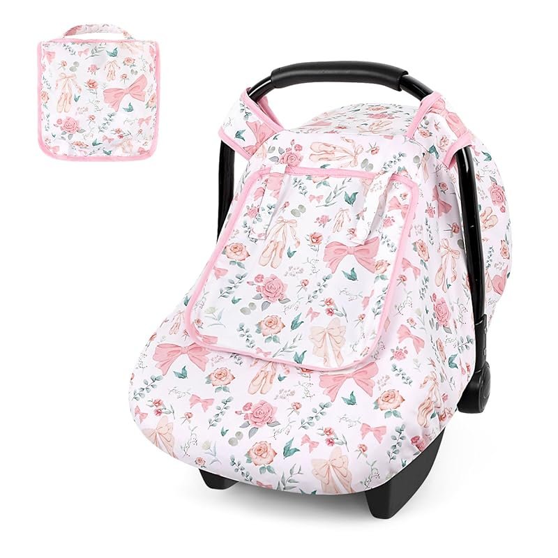 Pink Flowers Infant Car Seat Cover with Dual Layers and Minky Backing 