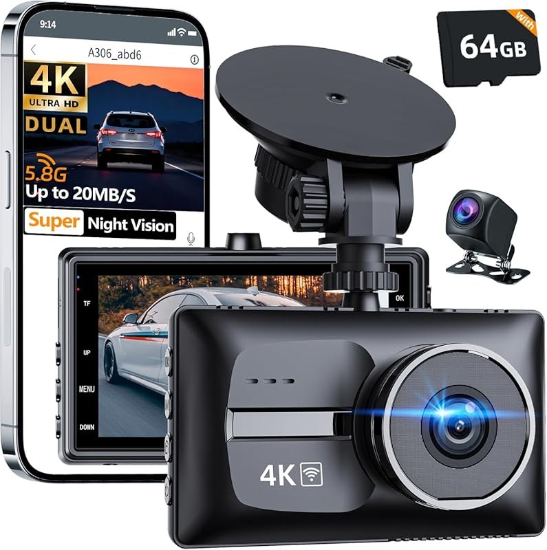 X18 4K Dual Dash Cam Front Rear, 5.8GHz WiFi, 2160P, 3-inch IPS, G-Sen