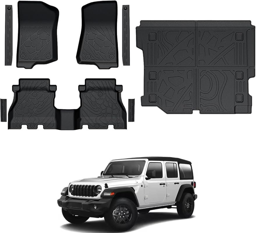 All-weather floor mats, cargo liner, and door sill guards for Jeep Wra