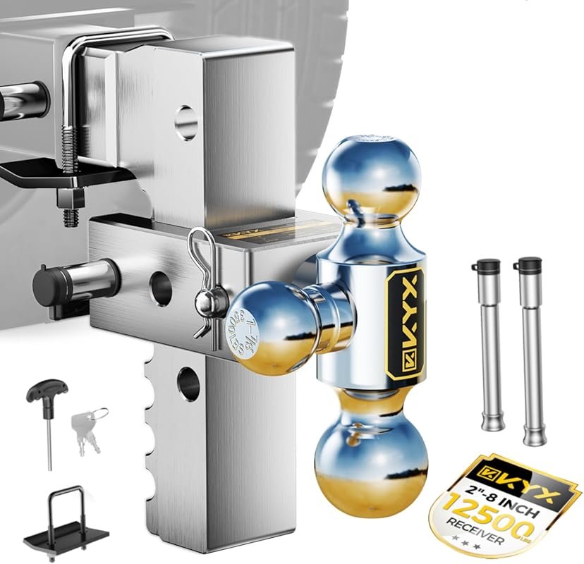 Adjustable Trailer Hitch for 2-Inch Receiver: 8-Inch Drop, Tri-Ball wi