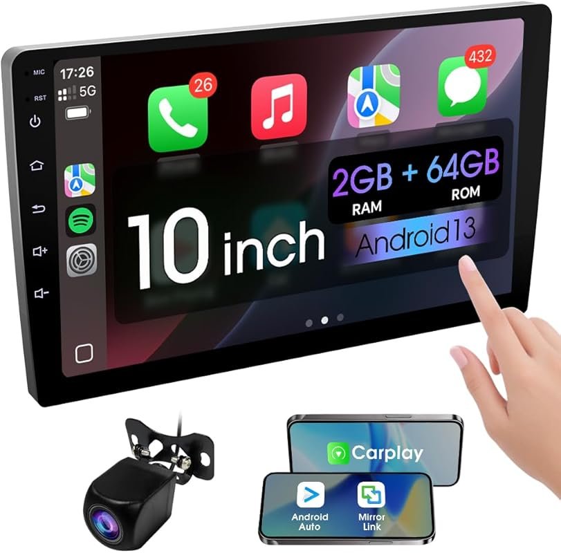 10.1-Inch Double Din Car Stereo with HD Touchscreen, Wireless CarPlay,