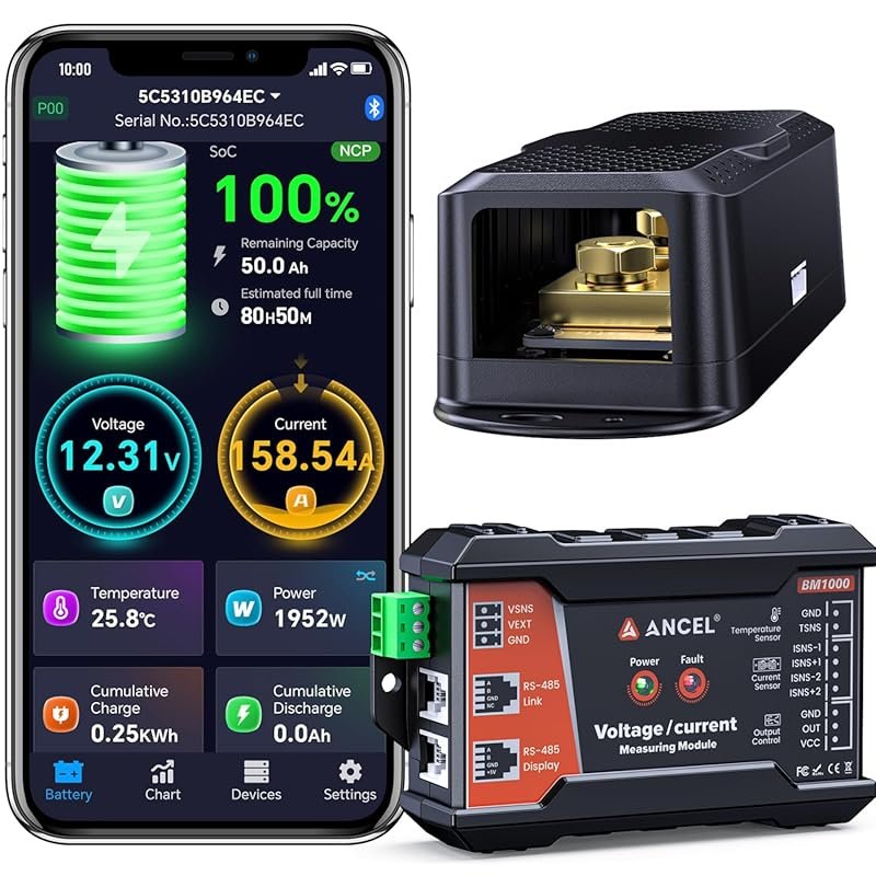 ANCEL BM1000 Bluetooth Battery Monitor with 400A Shunt for RV and Off-